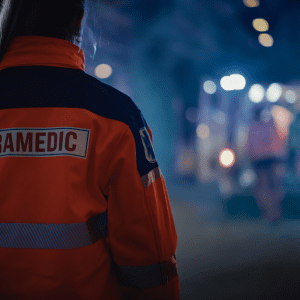 A paramedic starting at a departing ambulance, experiencing the effects of first responder ptsd.